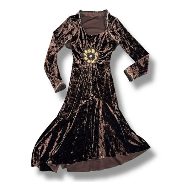 Y2k Monkey Wear Brown Crushed Velour Dress Asymmetrical Sz S Whimigoth +Shrug - Picture 1 of 16